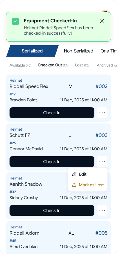 SidelineHQ check-in confirmation