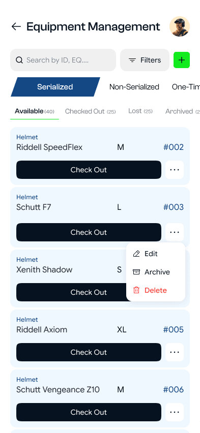 Sideline HQ equipment check-in flow